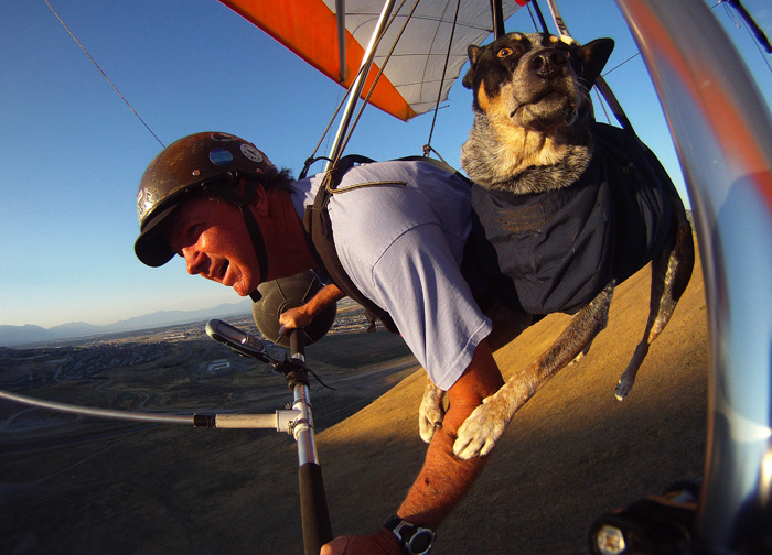 Dan McManus and his service dog Shadow hang glide together outside Salt Lake City, Utah