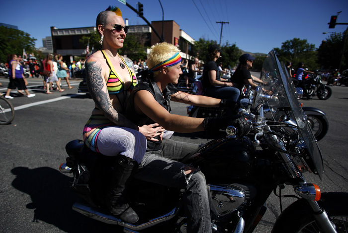 Motorcycle riders lead the gay pride parade in Salt Lake City, Utah, June 2, 2013. Both active Mormons and members of the Boy Scouts marched with members of LGBT community and their supporters as part of the Utah Pride Festival. REUTERS/Jim Urquhart (UNITED STATES)